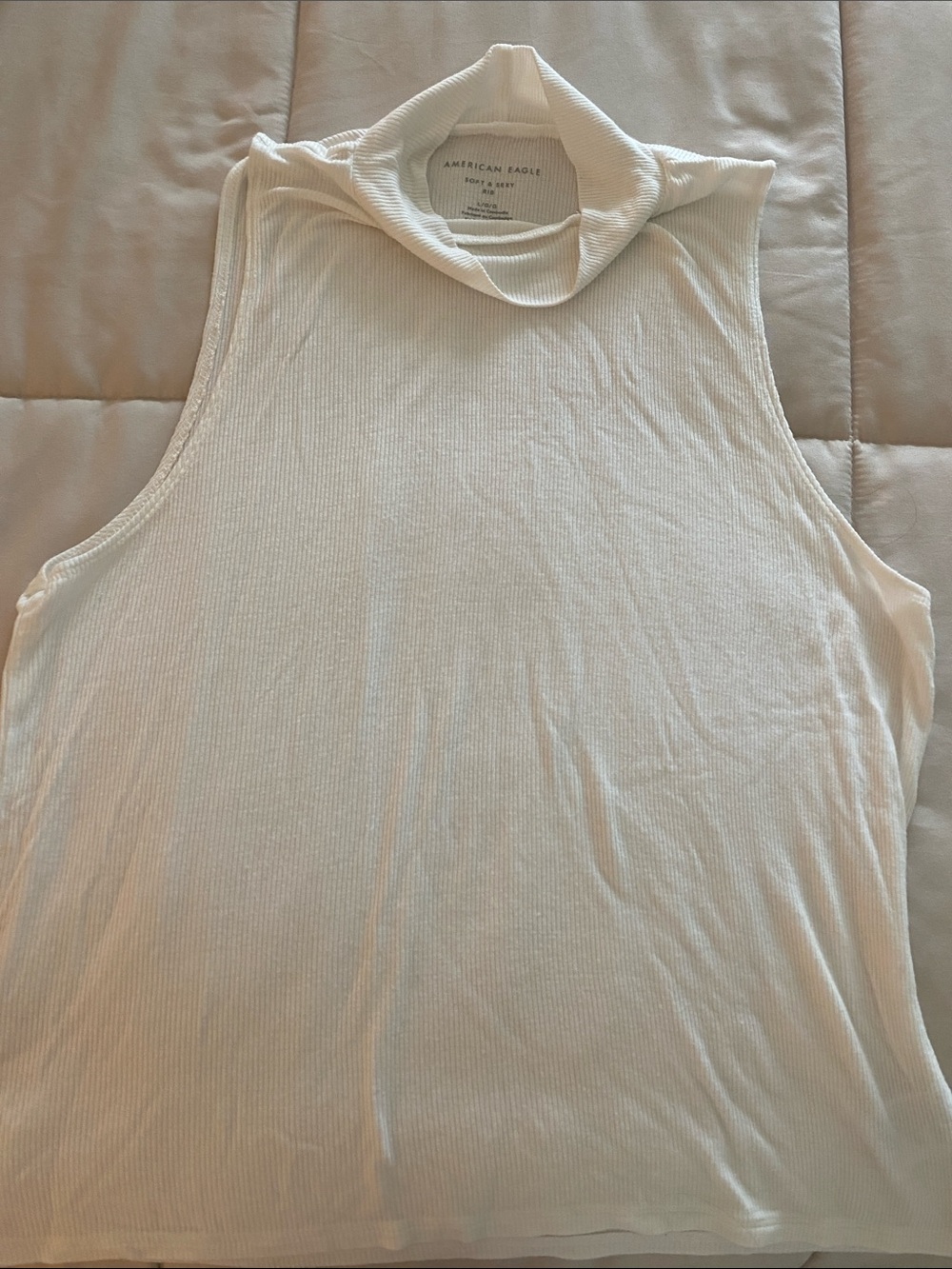 American Eagle Outfitters Ribbed Sleeveless Mock Neck Tank - Cream/White